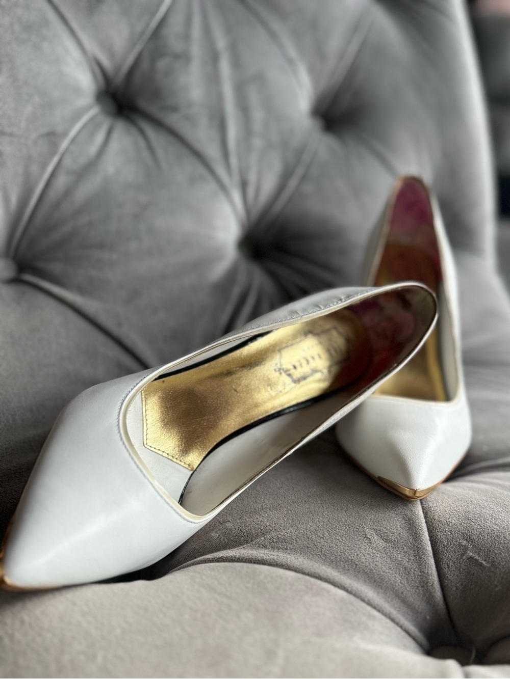 Ted Baker London White Pointed Toe Pumps with Gold Insole & Toe Accent